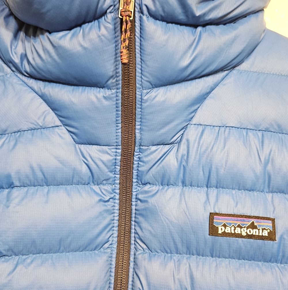 Patagonia Down Sweater Hoody Women’s L Blue Lightweight Puffer Jacket Hooded - Picture 7 of 13